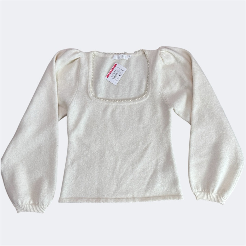 New ASTR the Label Square Neck Pearl Trim Cream White Sweater Puff Long Sleeve